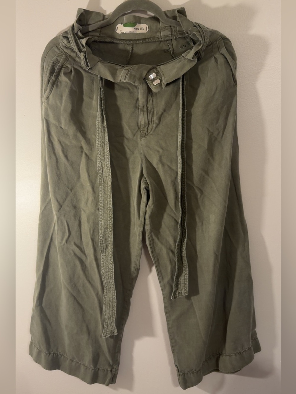 🌿 Anthropologie Green Paperbag Wide Leg Belted Pants SZ 6